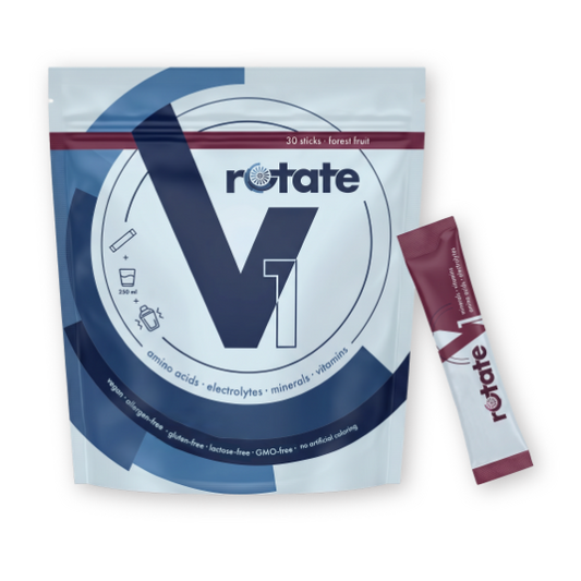 Rotate V1 Forest Fruit Elektrolyte-Getränkepulver, Verpackung mit 30 Sticks und Einzelstick